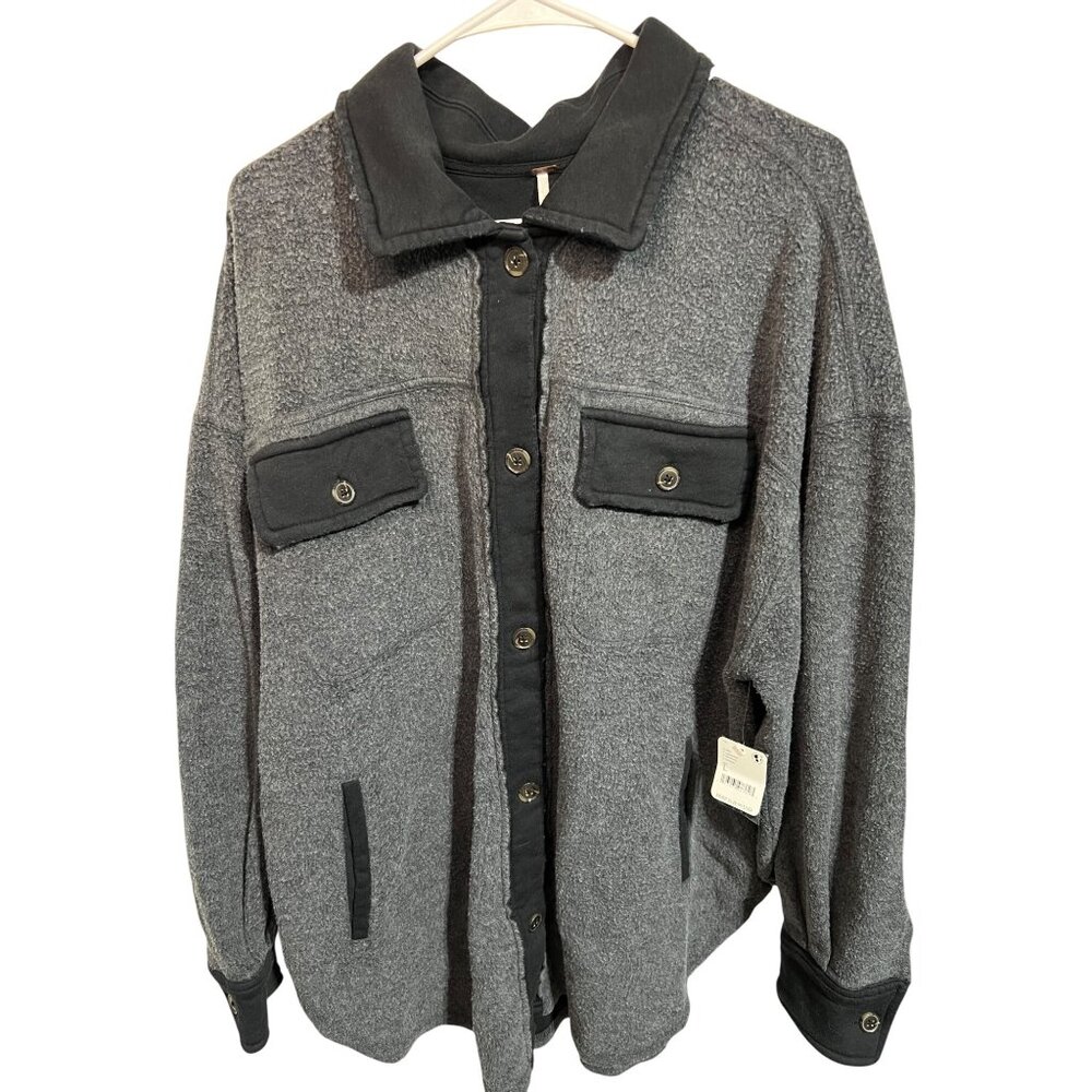 Free People Washed Black Fleece Shirt Jacket With Button Front Style - Size L